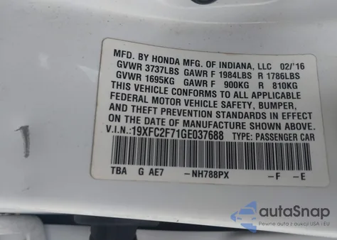 2016 Honda Civic Ex z USA, uszkodzony, nr VIN 19XFC2F71GE037688
